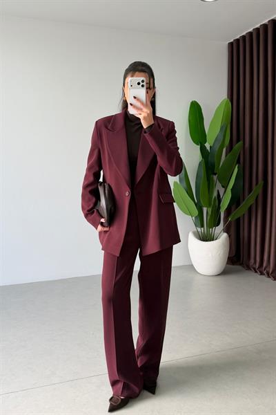 Apeva Mürdüm Oversize Krep Kumaş Blazer
