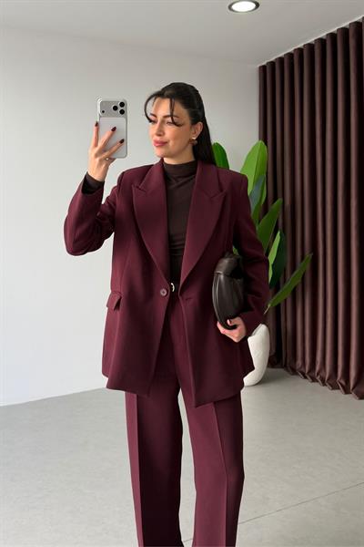 Apeva Mürdüm Oversize Krep Kumaş Blazer