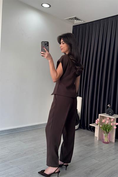 Lily Krep Kumaş Kahve Yelek Pantolon Takım