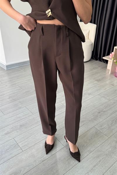 Lily Krep Kumaş Kahve Yelek Pantolon Takım