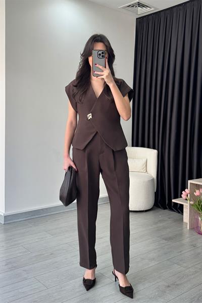 Lily Krep Kumaş Kahve Yelek Pantolon Takım