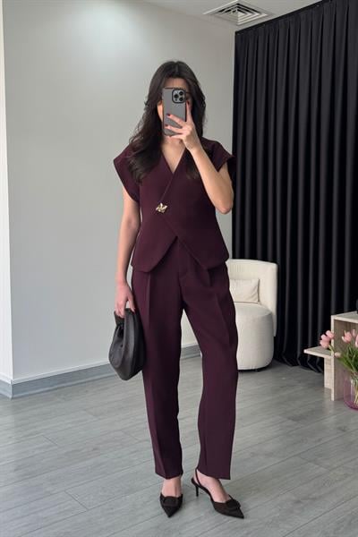 Lily Krep Kumaş Mürdüm Yelek Pantolon Takım