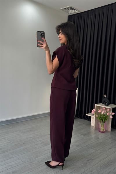 Lily Krep Kumaş Mürdüm Yelek Pantolon Takım