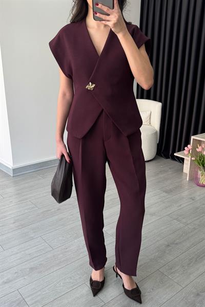 Lily Krep Kumaş Mürdüm Yelek Pantolon Takım