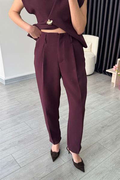 Lily Krep Kumaş Mürdüm Yelek Pantolon Takım
