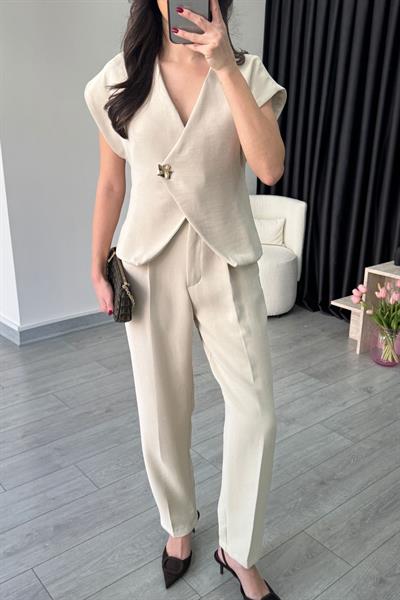 Lily Krep Kumaş Taş Yelek Pantolon Takım