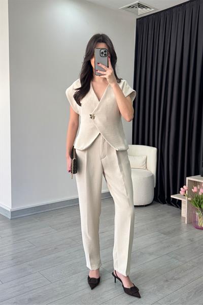 Lily Krep Kumaş Taş Yelek Pantolon Takım