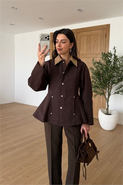 Judit Kahve Belden Oturtmalı Kontrast Yaka Ceket