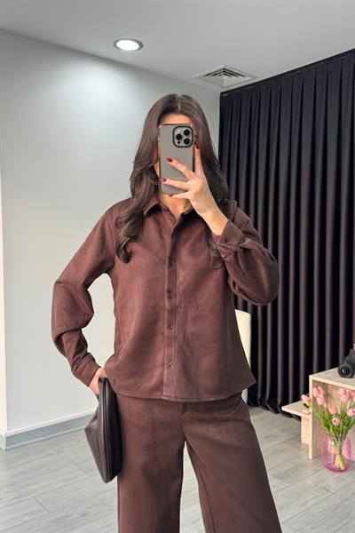 Acı Kahve Süet Gömlek Pantolon Takım