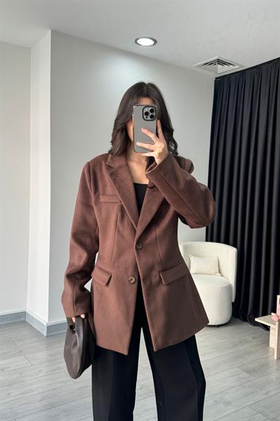 Kahve Belden Oturtmalı Kaşe Ceket