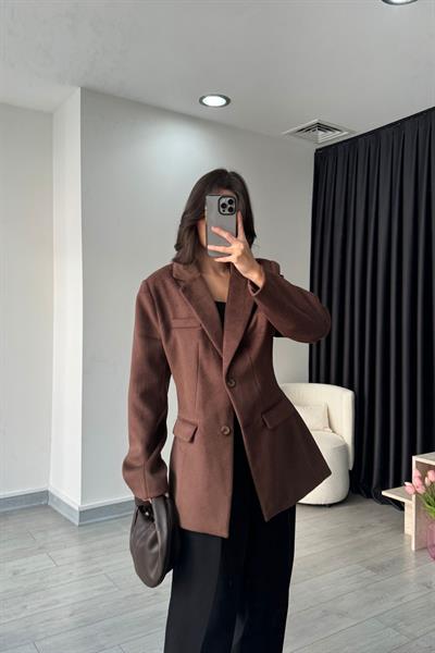 Kahve Belden Oturtmalı Kaşe Ceket