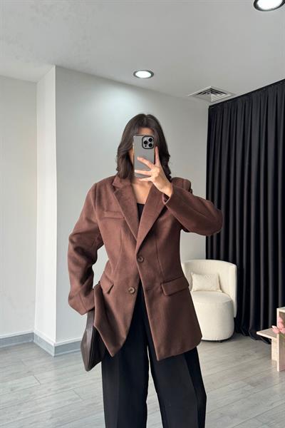 Kahve Belden Oturtmalı Kaşe Ceket