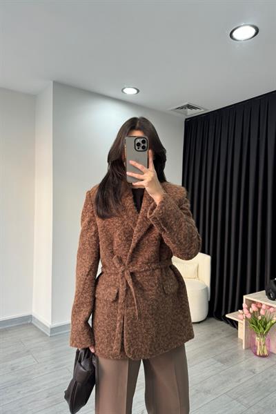 Kahve Kemerli Kaşe Blazer Ceket