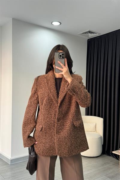 Kahve Kemerli Kaşe Blazer Ceket