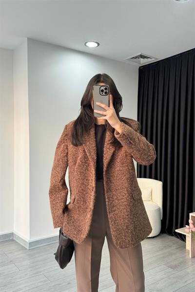 Kahve Kemerli Kaşe Blazer Ceket