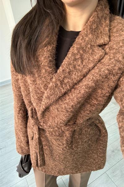 Kahve Kemerli Kaşe Blazer Ceket