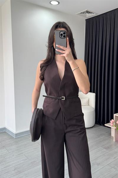 Kahve Kemerli Yelek Pantolon Takım