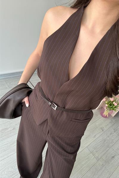 Kahve Kemerli Yelek Pantolon Takım