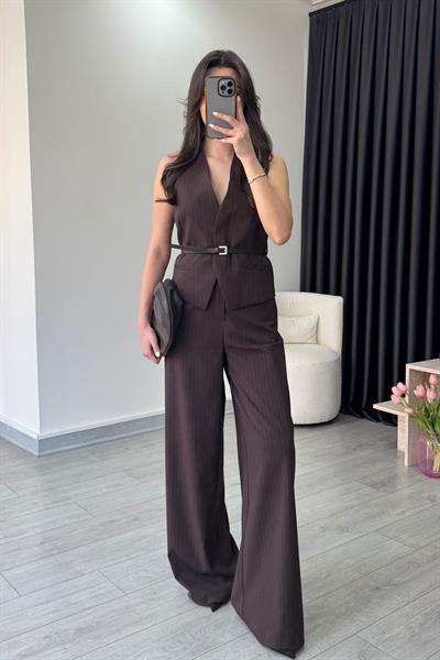 Kahve Kemerli Yelek Pantolon Takım