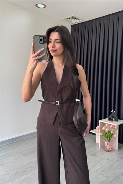 Kahve Kemerli Yelek Pantolon Takım