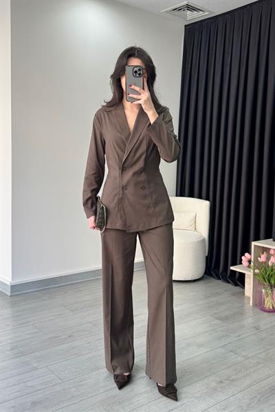 Kahve Kruvaze İnce Ceket Pantolon Takım