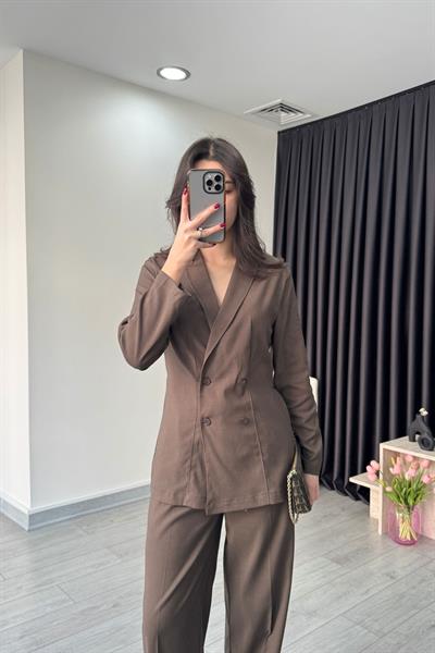 Kahve Kruvaze İnce Ceket Pantolon Takım