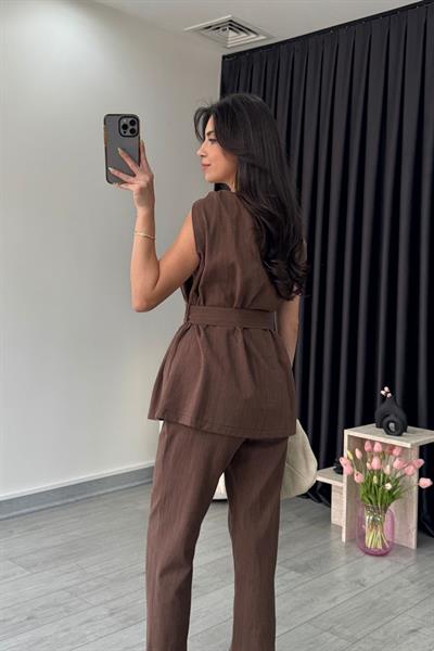 Kahve Omzu Burgulu Keten Bluz Pantolon Takım