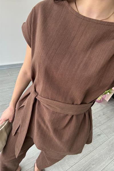 Kahve Omzu Burgulu Keten Bluz Pantolon Takım