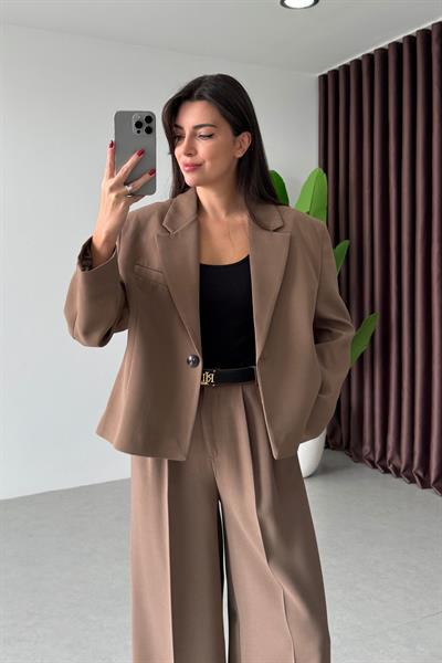 Kapel Camel Krep Kumaş Ceket Pantolon Takım