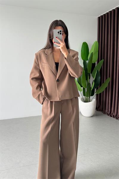 Kapel Camel Krep Kumaş Ceket Pantolon Takım