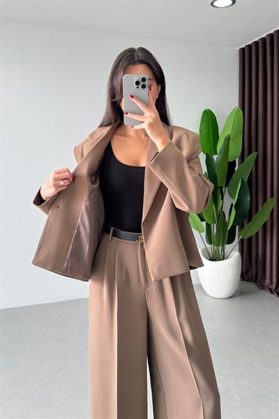 Kapel Camel Krep Kumaş Ceket Pantolon Takım