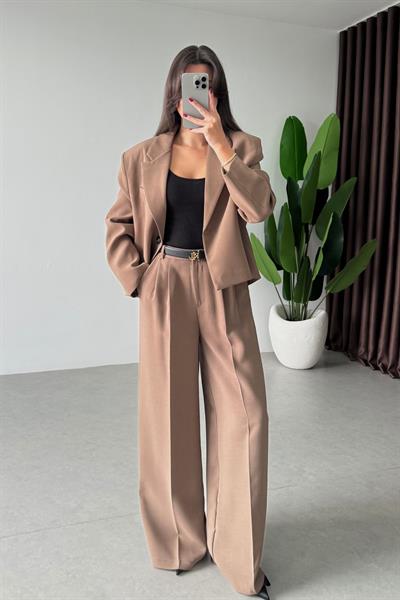 Kapel Camel Krep Kumaş Ceket Pantolon Takım