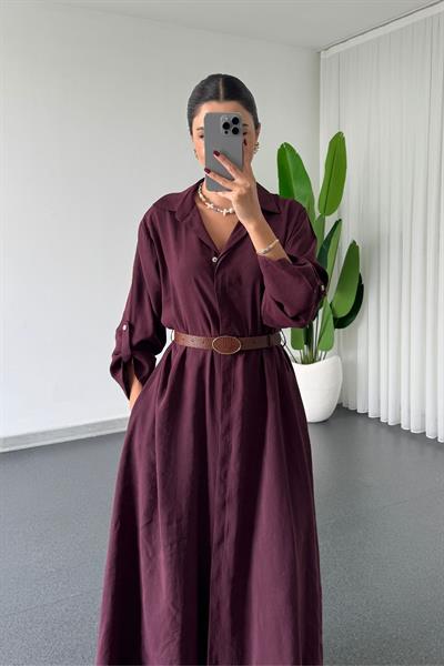 Karla Mürdüm Modal Kumaş Kemerli Gömlek Elbise