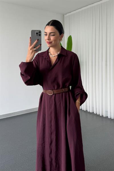 Karla Mürdüm Modal Kumaş Kemerli Gömlek Elbise