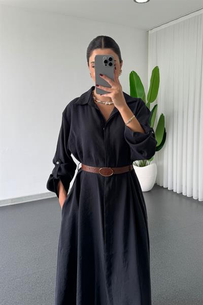 Karla Siyah Modal Kumaş Kemerli Gömlek Elbise