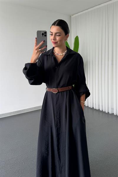Karla Siyah Modal Kumaş Kemerli Gömlek Elbise