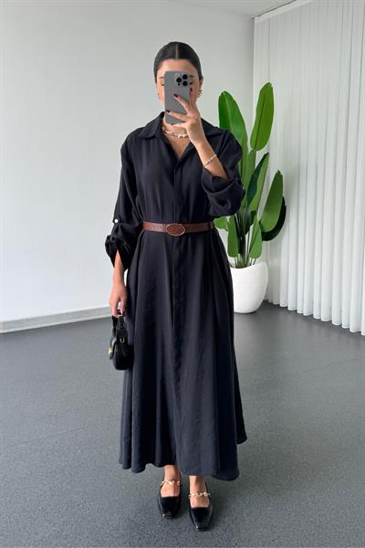Karla Siyah Modal Kumaş Kemerli Gömlek Elbise