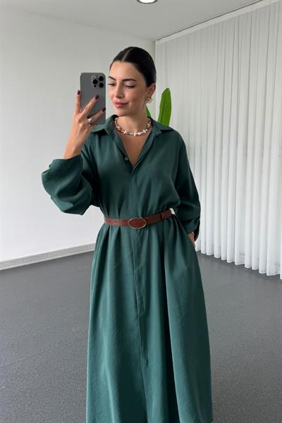 Karla Zümrüt Modal Kumaş Kemerli Gömlek Elbise