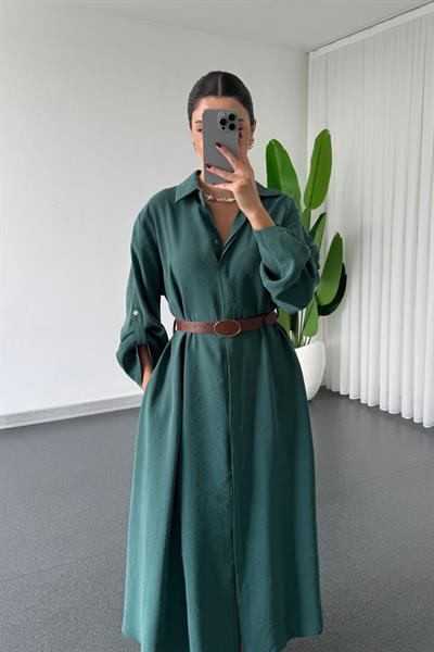 Karla Zümrüt Modal Kumaş Kemerli Gömlek Elbise