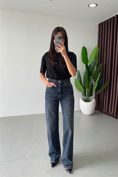 Karlin Koyu Mavi Yıkamalı Wide Leg Jean