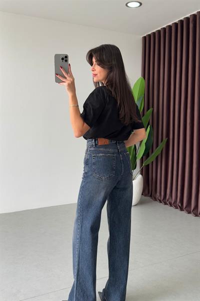 Karlin Koyu Mavi Yıkamalı Wide Leg Jean