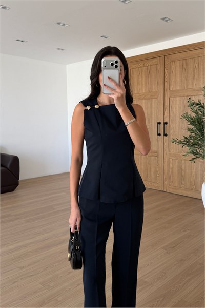 Kelly Lacivert Gold Düğmeli Bluz Pantolon Takım