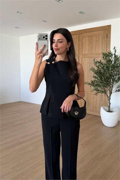Kelly Siyah Gold Düğmeli Bluz Pantolon Takım