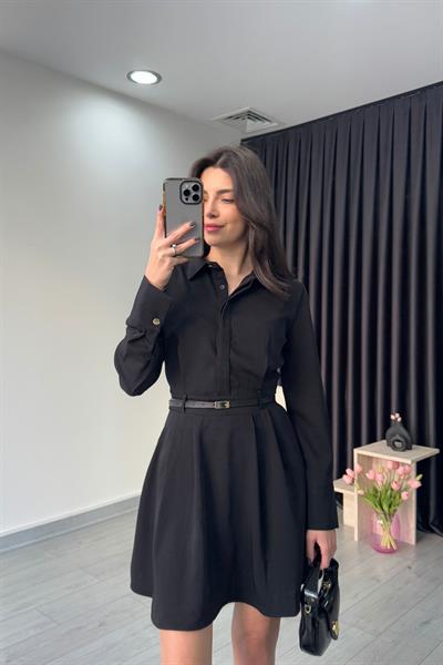 Kemerli Krep Kumaş Siyah Elbise