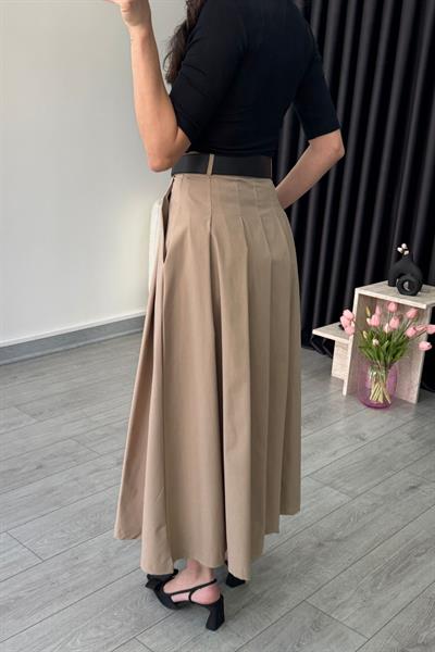 Kemerli Taba Piliseli Midi Etek