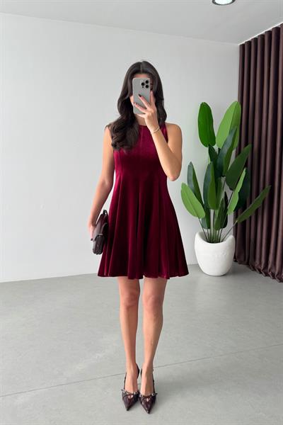 Ketty Bordo Kadife Volanlı Mini Elbise