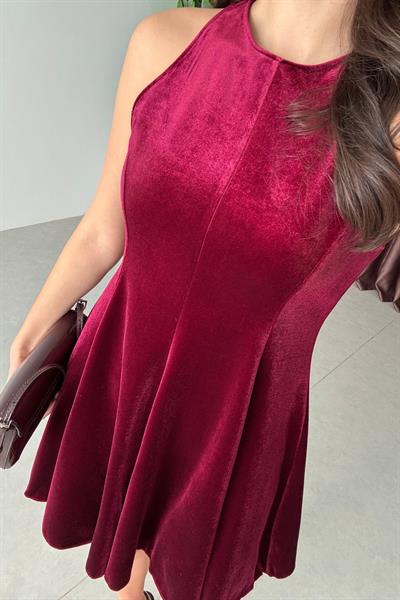 Ketty Bordo Kadife Volanlı Mini Elbise