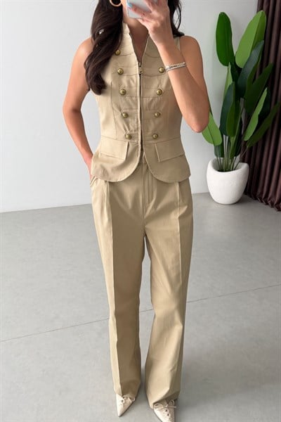 Kosy Mint Gold Düğmeli Yelek Pantolon Takım