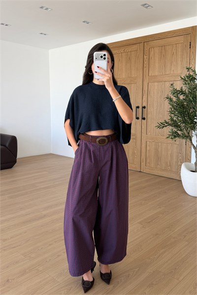 Kozy Bordo Ekoseli Kemerli Pantolon