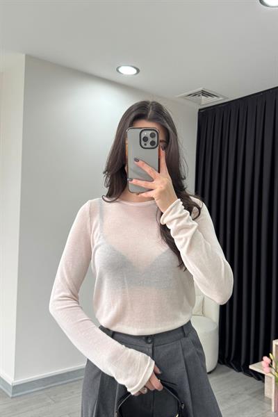 Krem İnce Triko Bluz